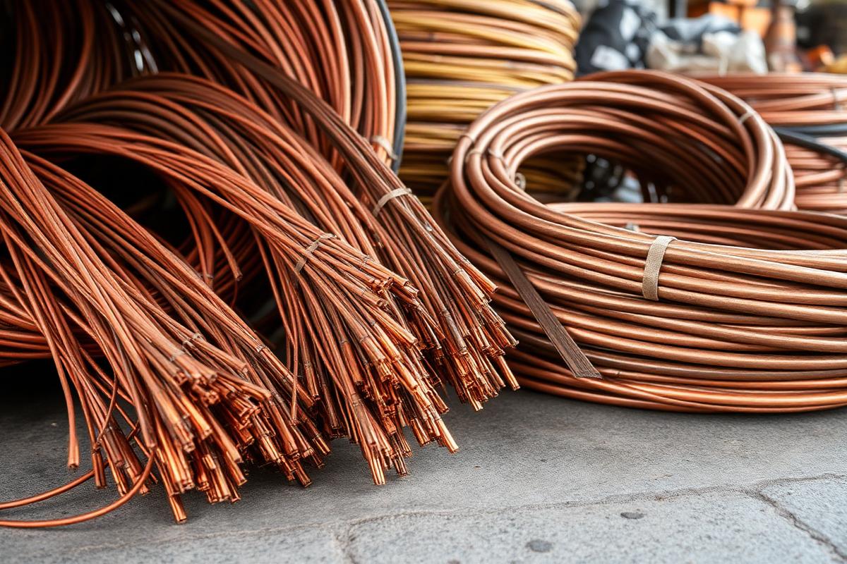 Bundles of bare bright copper wire and insulated cable coils